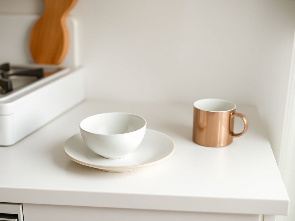 simple kitchen with one plate, one bowl, one mug, minimal setup on small counter