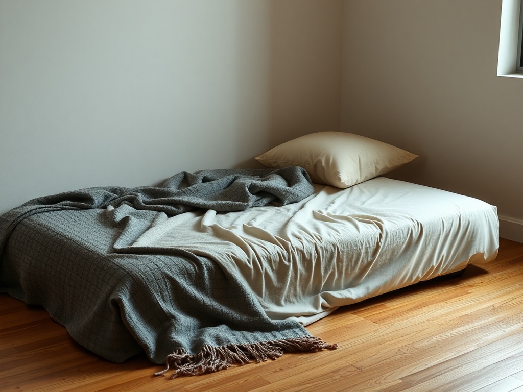 simple mattress on floor with blanket and pillow, cozy but minimal first apartment vibe