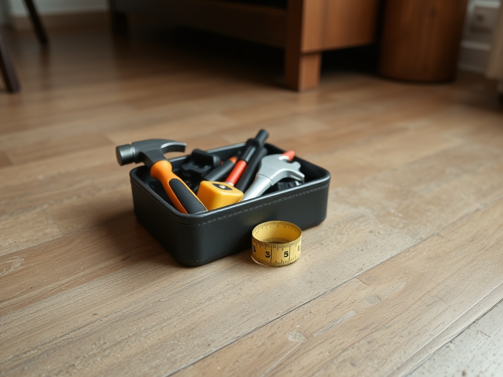 small toolkit with screwdriver, hammer, and tape measure on worn apartment floor