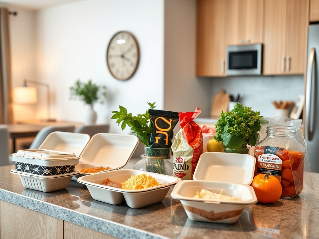 takeout containers and simple groceries on kitchen counter in new apartment