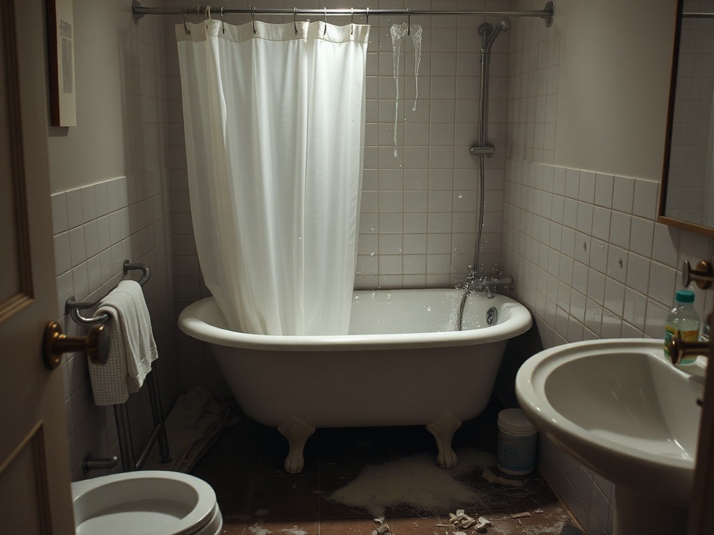 tiny apartment bathroom with clawfoot tub and no shower curtain, water splashing everywhere, messy realistic lighting