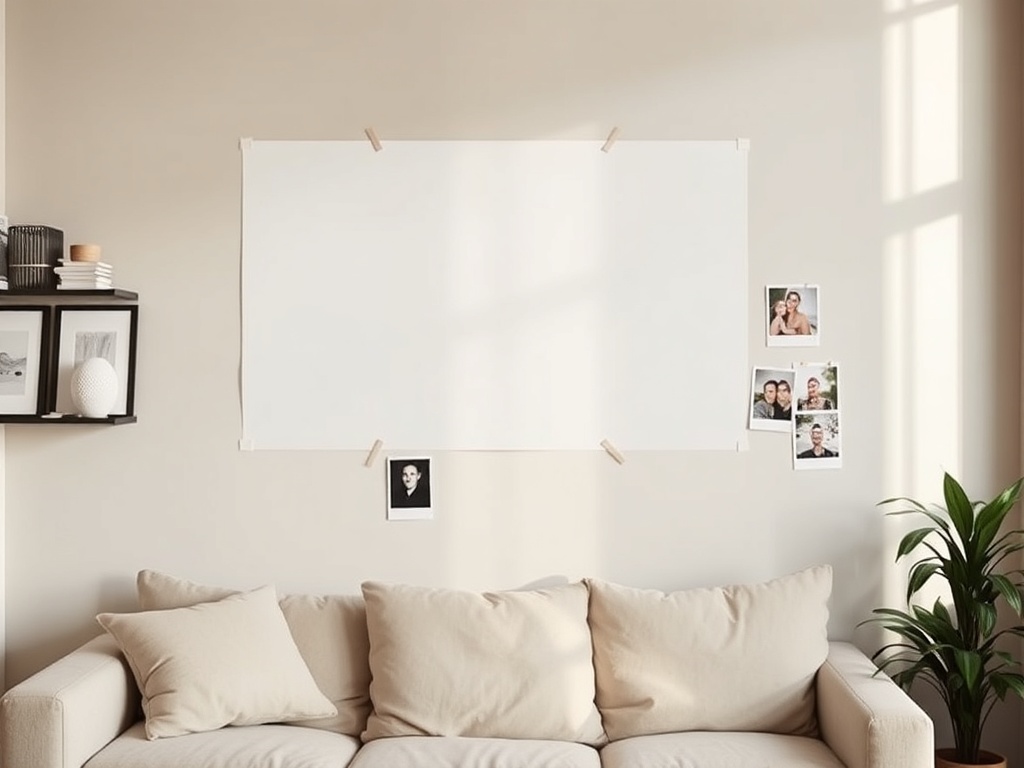 blank apartment wall with taped photos and prints casual personal decor