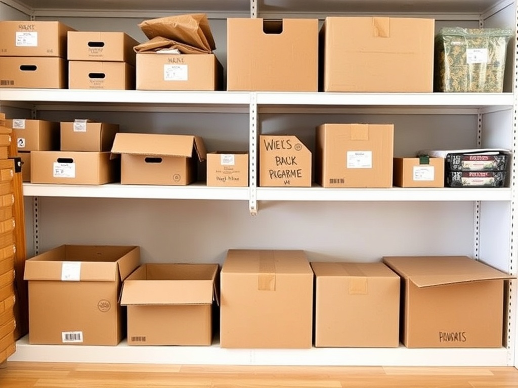 cardboard boxes organized shelves simple budget storage apartment