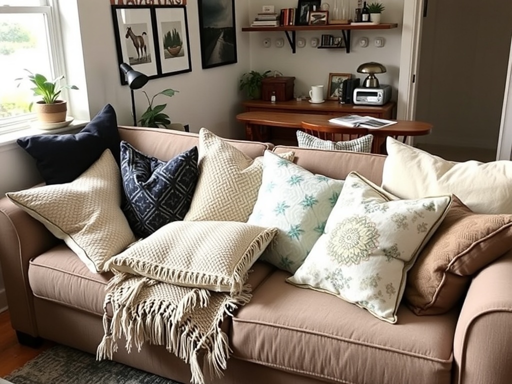 couch overloaded with too many throw pillows cluttered small apartment