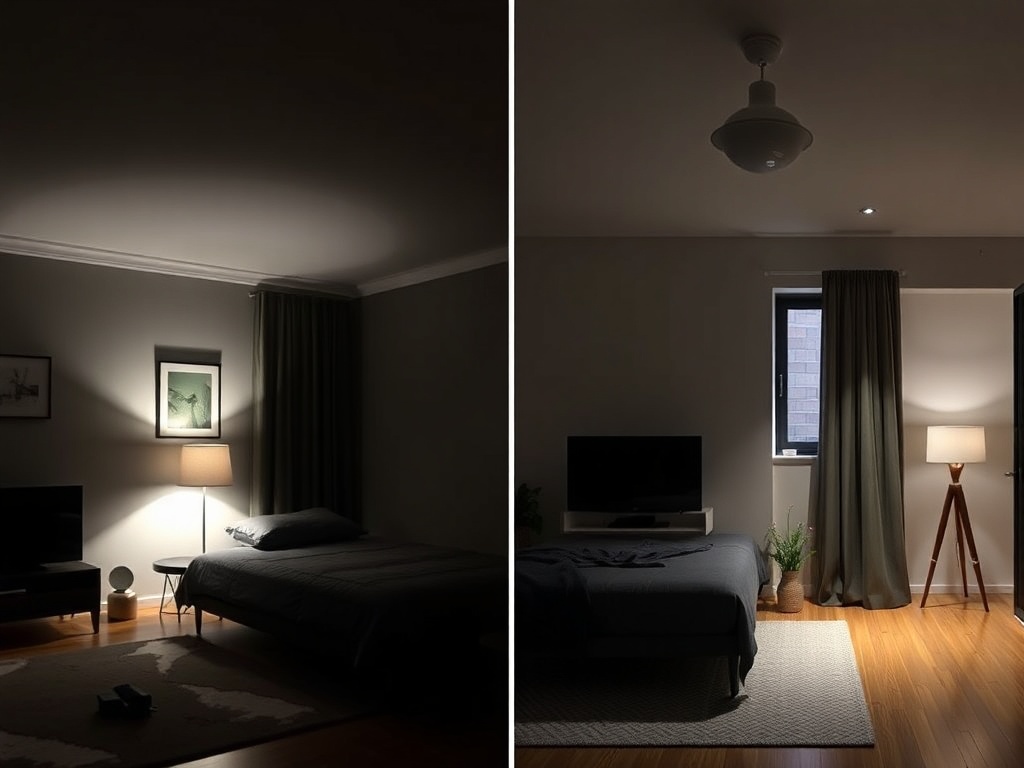 dark apartment room with single lamp vs bright functional lighting comparison