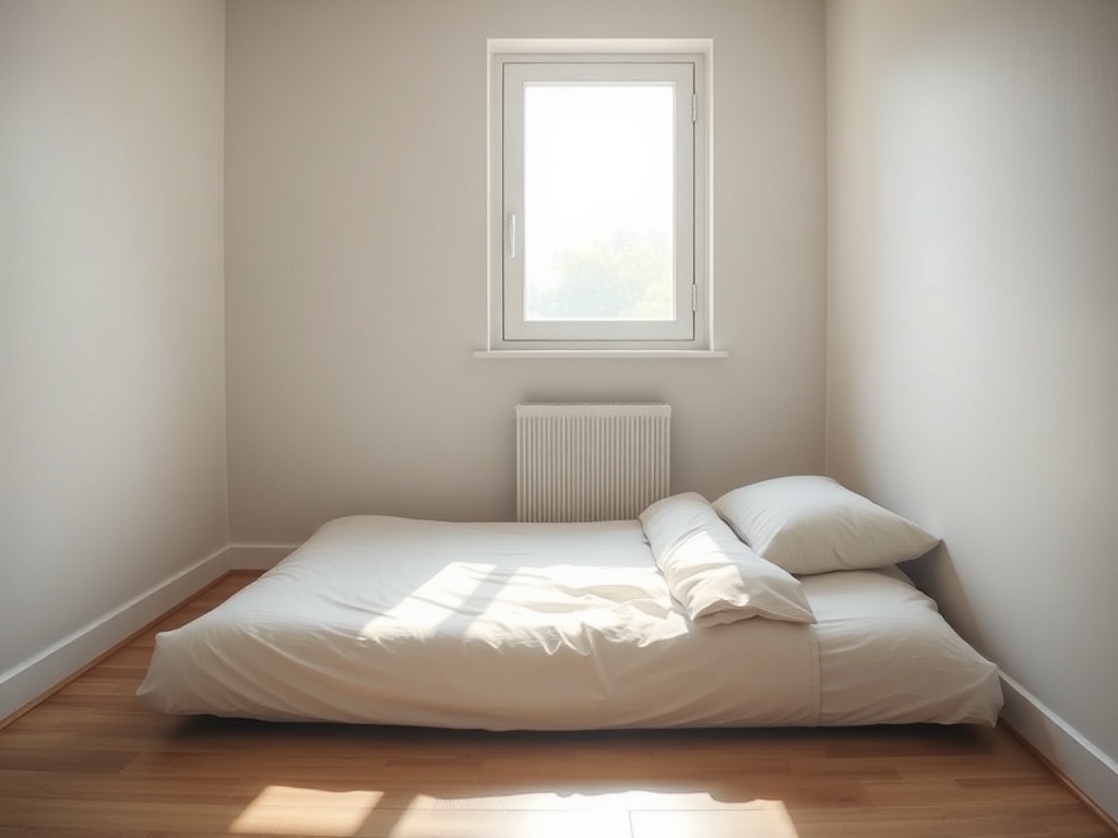 minimal apartment mattress on floor clean cozy bedding sunlight through window