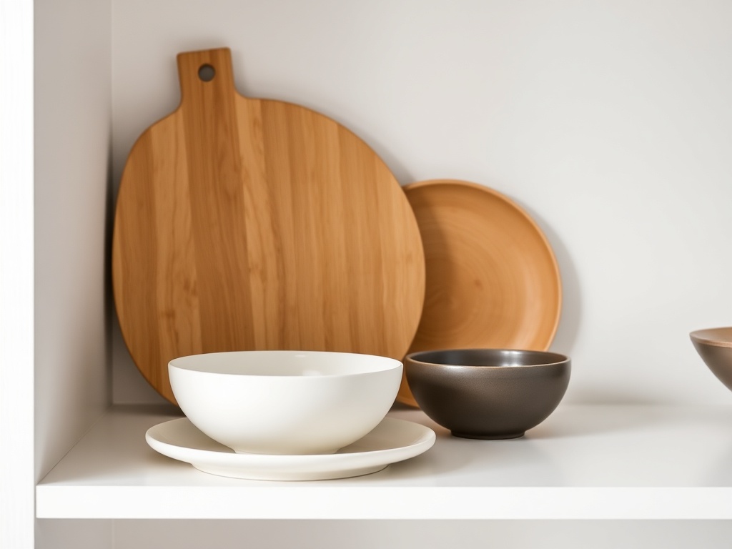 minimal dish setup two plates two bowls small kitchen shelf