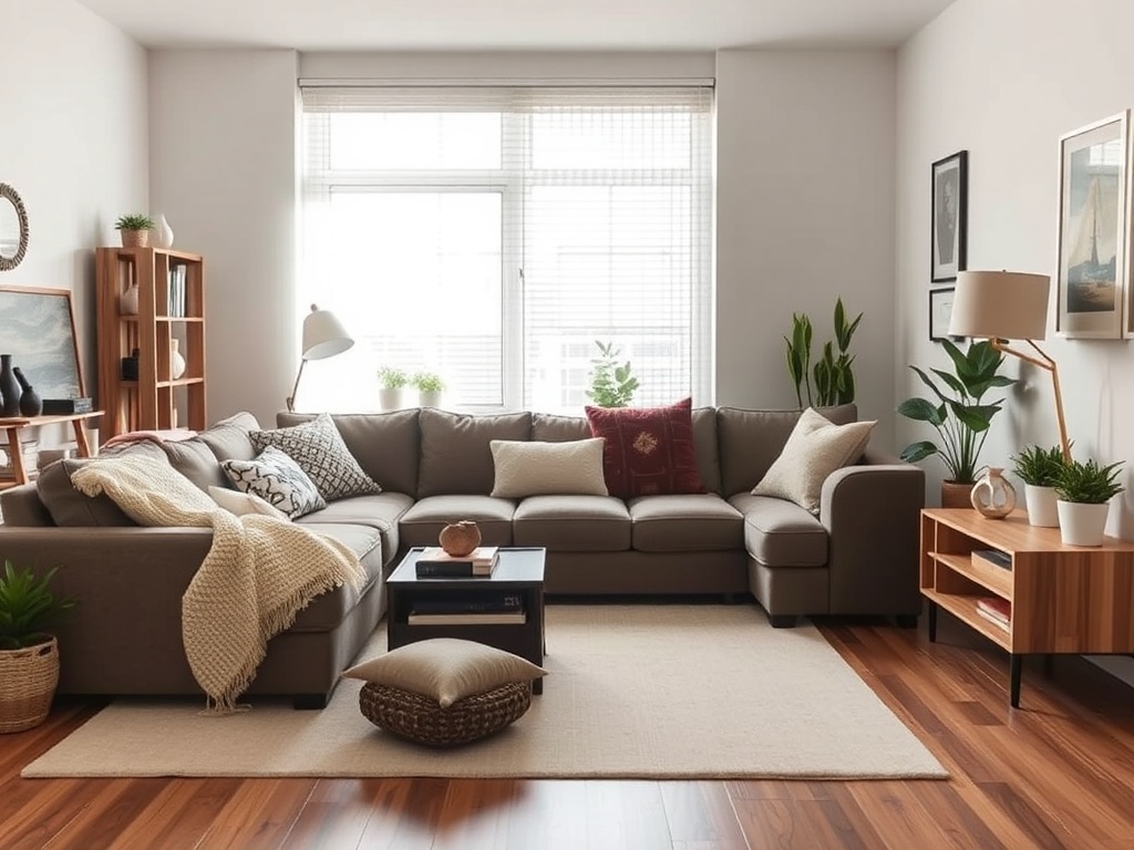 small apartment cramped oversized couch taking entire space