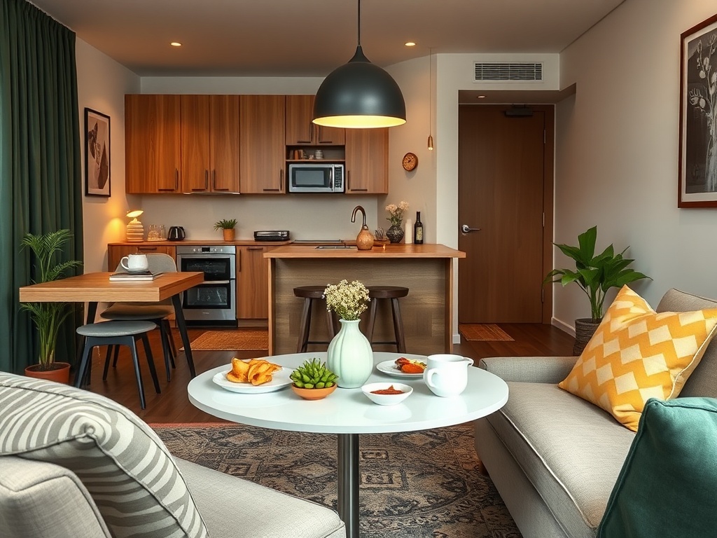 small apartment eating at coffee table casual setup realistic
