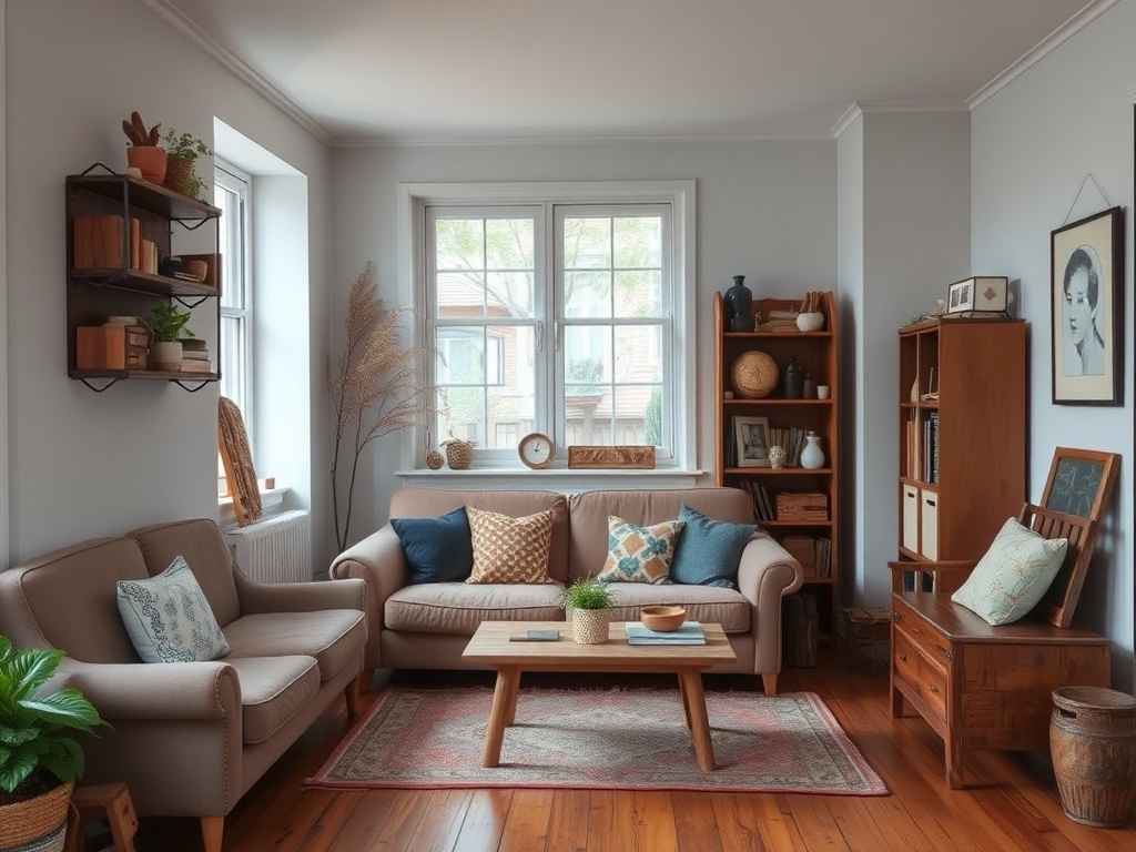 small mismatched apartment furniture with thrifted wooden pieces cozy lived-in vibe