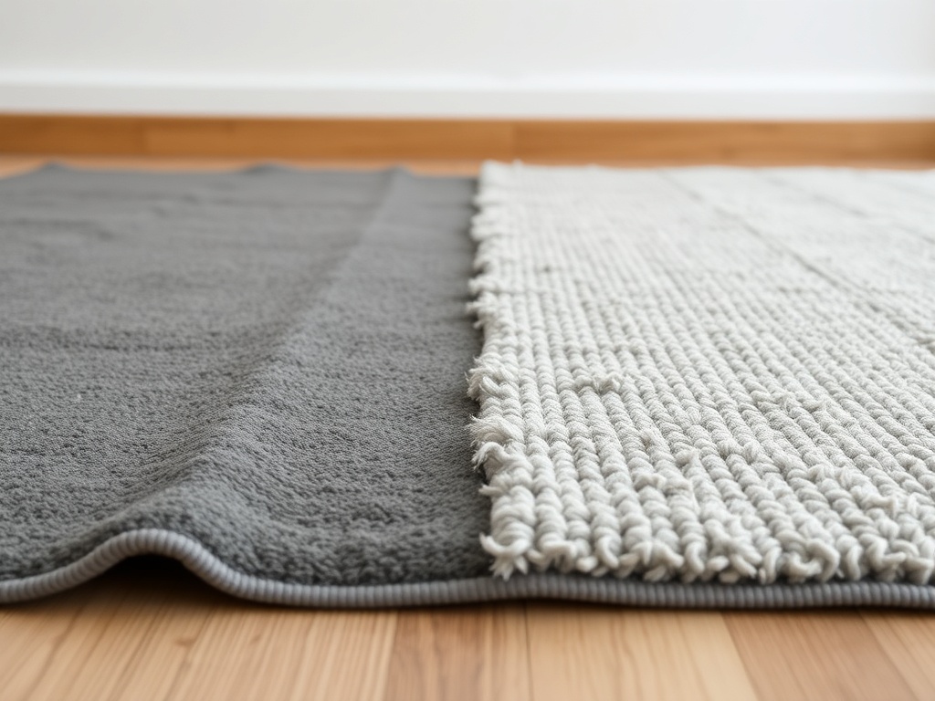 thin cheap rug curling edges worn apartment floor vs thicker textured rug
