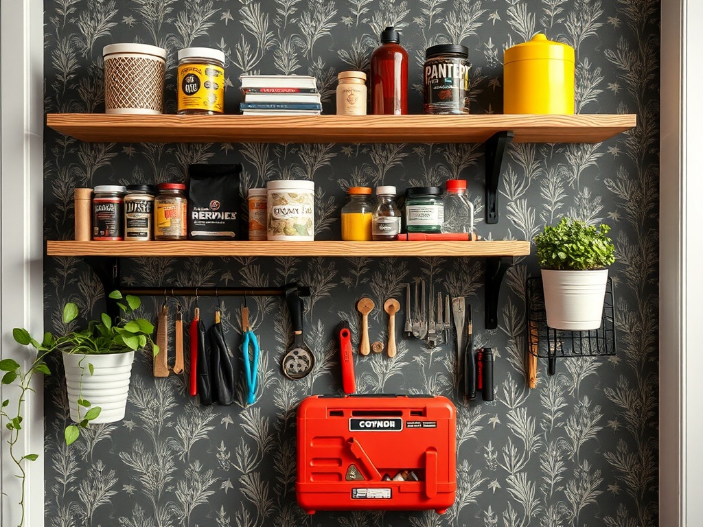 apartment DIY projects, hanging shelves, removable wallpaper, small toolkit