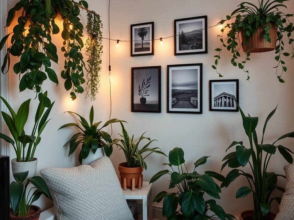 cozy apartment corner with plants, framed photos, string lights