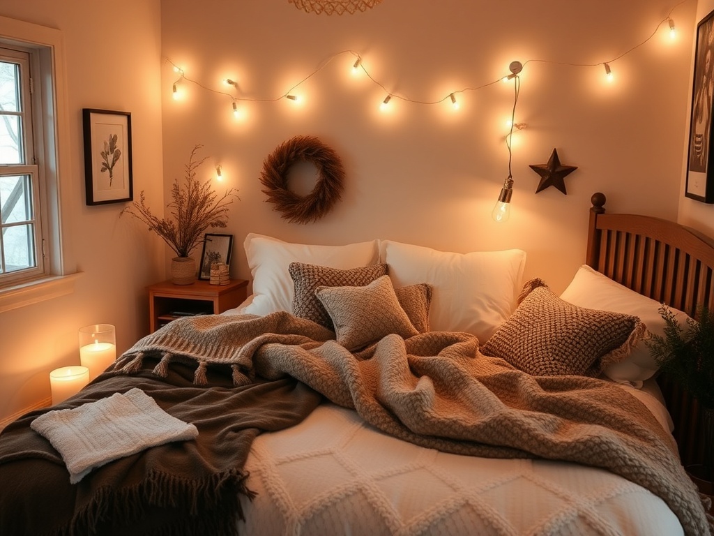 cozy bedroom sanctuary, soft blankets, warm lighting, personal touches