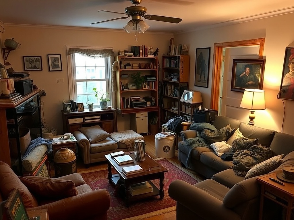 messy small apartment living room with cozy furniture, eclectic decor, warm lighting, personal touches
