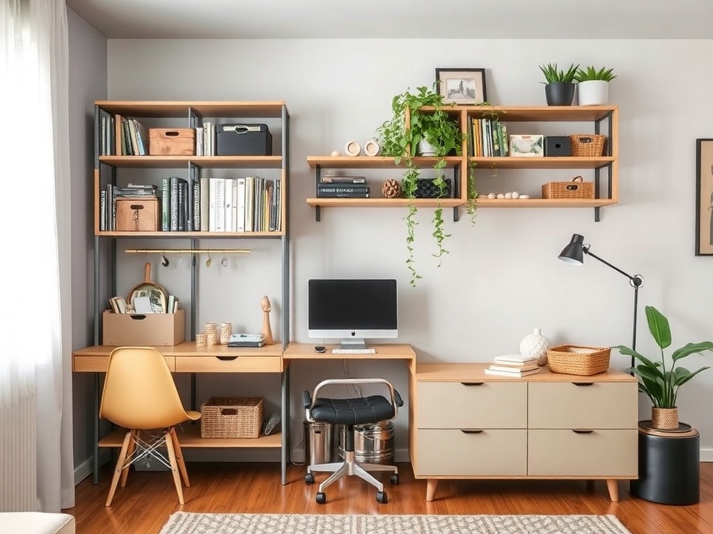 organized apartment with storage solutions, multi-purpose furniture