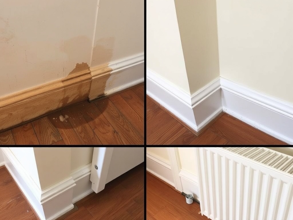 photographs of apartment corners, baseboards, radiator, before move-in