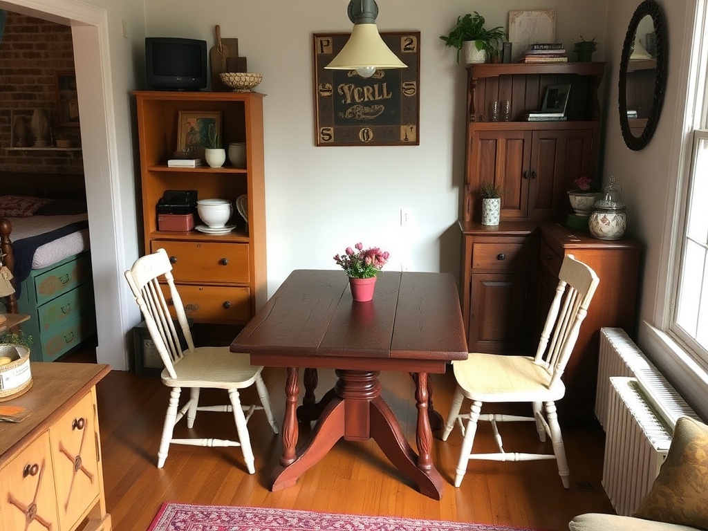 thrifted furniture in small apartment, rustic wooden table, mismatched chairs