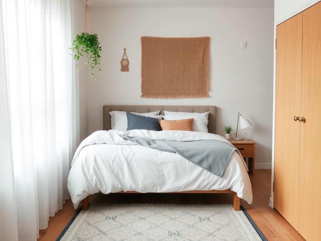 apartment bedroom with small rug, hanging plant, and DIY decor using Command Strips