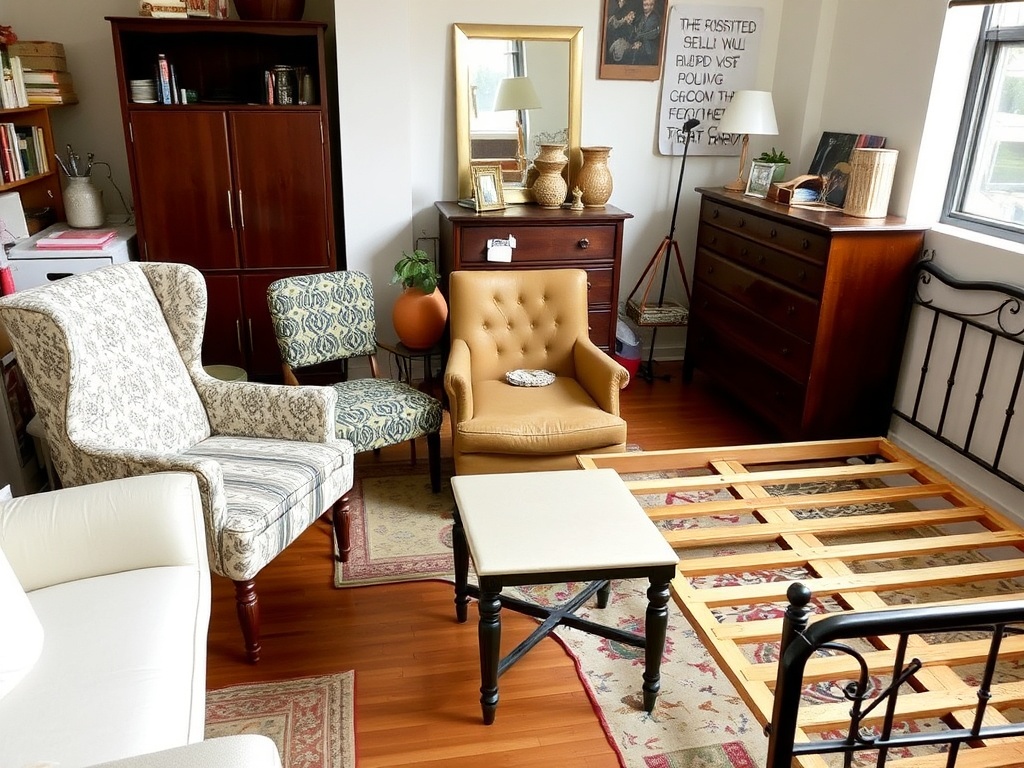 assorted budget furniture pieces in an urban apartment, including thrifted chairs, a small table, and a bed frame