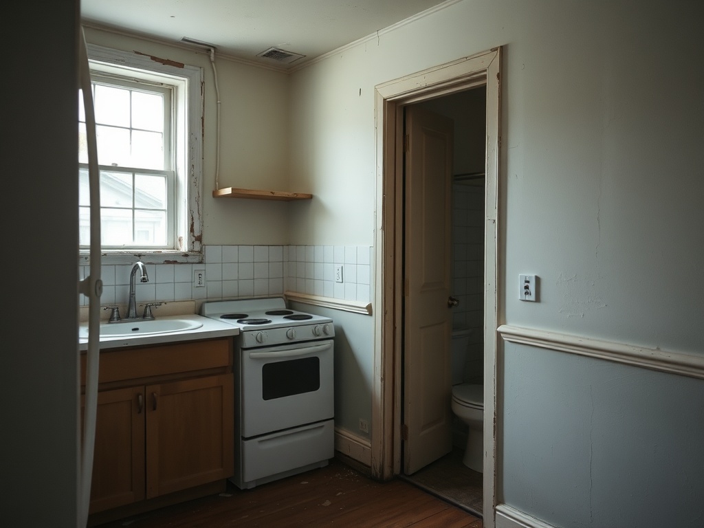 first apartment kitchen and bathroom corner with visible Landlord Specials, peeling paint and scuffed baseboards