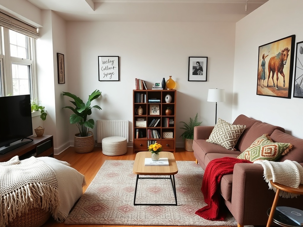 lived-in apartment living room with cozy blankets, small bookshelf, and personal decor touches
