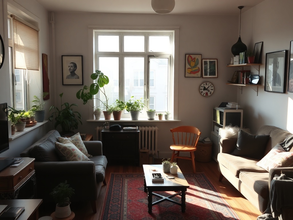 messy but cozy first apartment living room with thrifted furniture, plants on the window sill, soft natural light