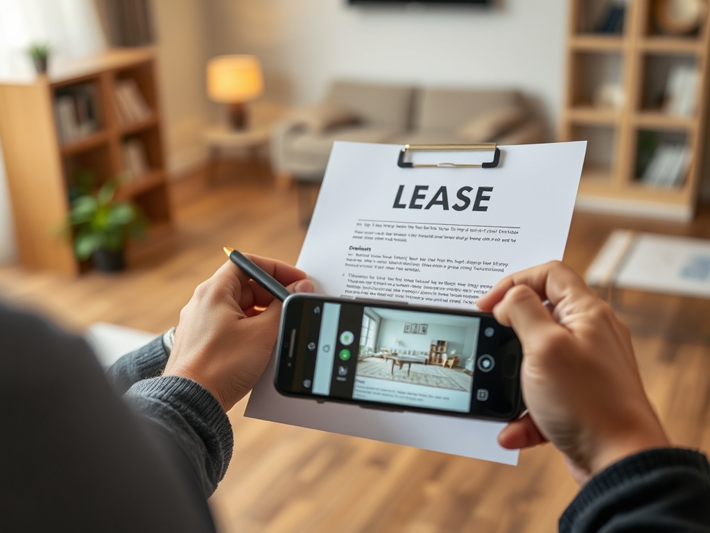 open lease document with pen and phone camera documenting apartment condition