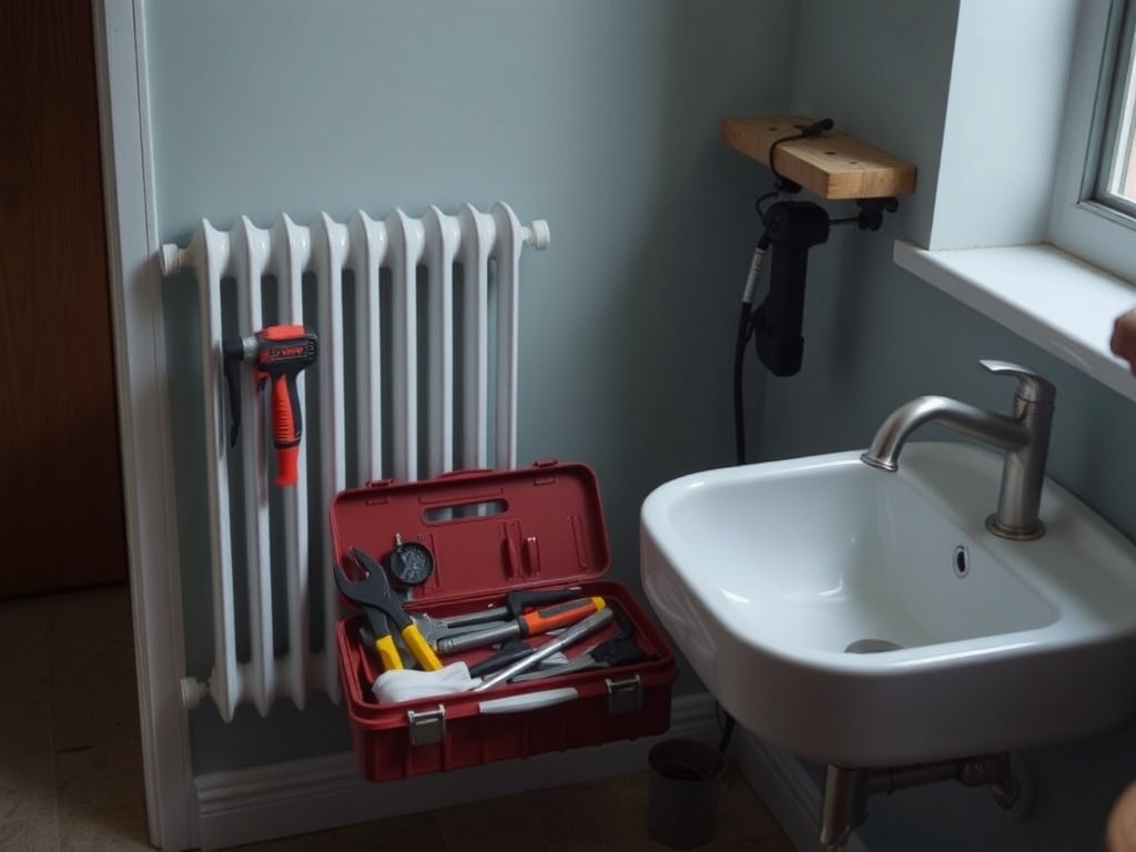small apartment utility toolkit next to radiator and sink, demonstrating DIY maintenance