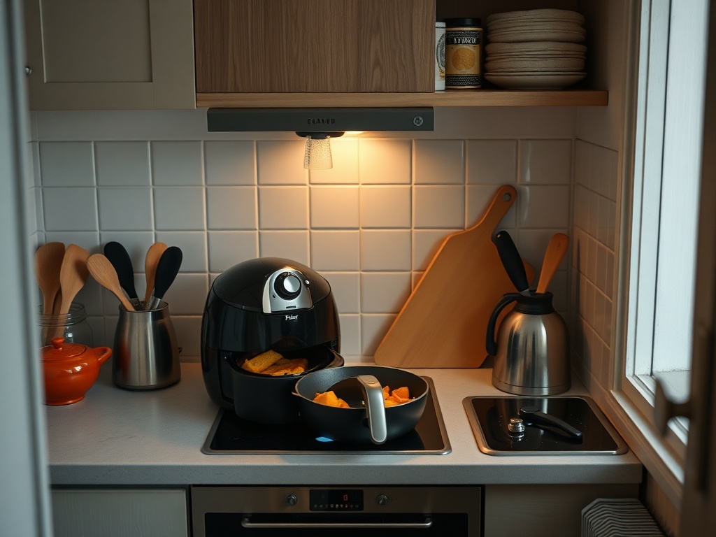 tiny apartment kitchen with air fryer, single pan, minimal cooking setup, cozy lighting