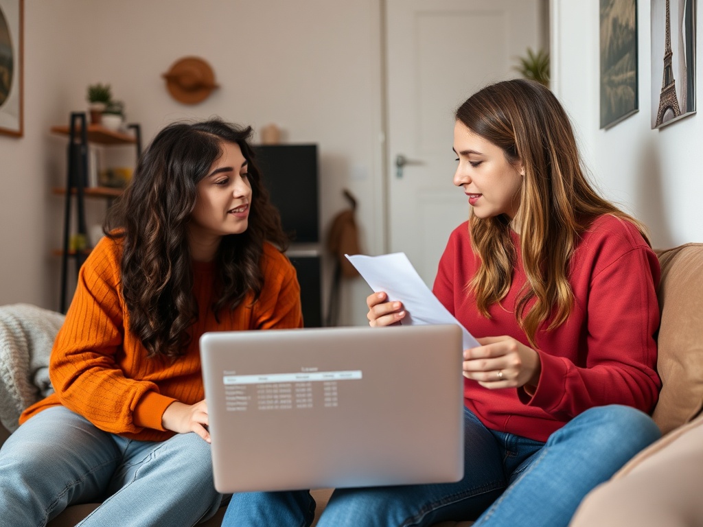 two roommates discussing chores and bills in a small apartment, with visible spreadsheet on laptop