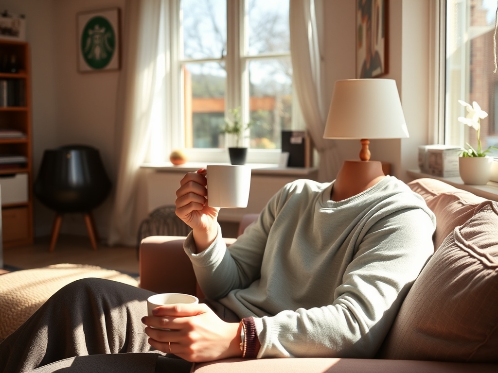 young adult enjoying a cup of coffee in a cozy, lived-in apartment, sunlight streaming in