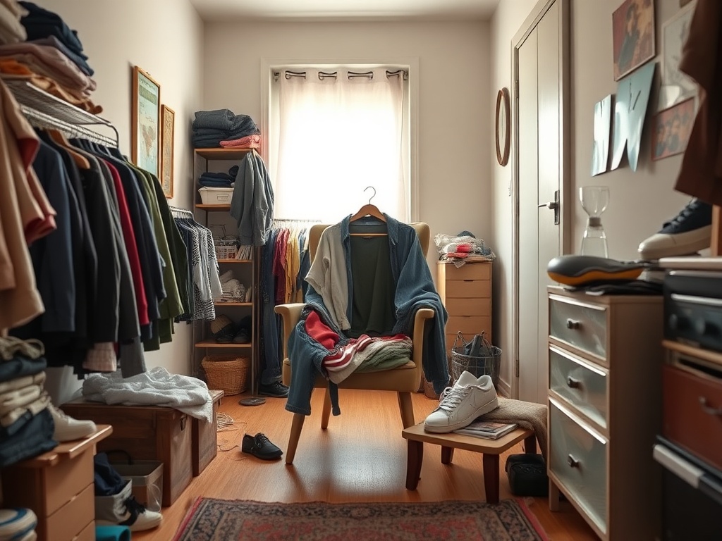 chair covered in clothes in small apartment, cluttered but realistic, natural lighting, lived-in feel
