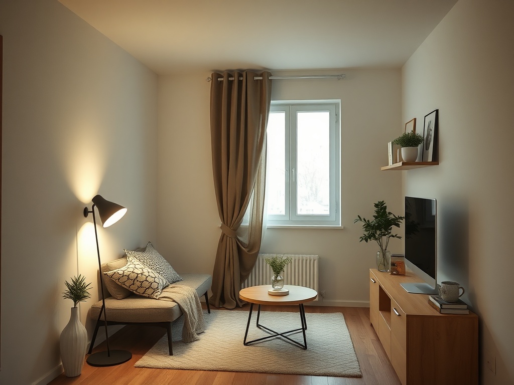 minimal clean apartment after quick tidy, soft lighting, tidy surfaces, cozy and realistic small space