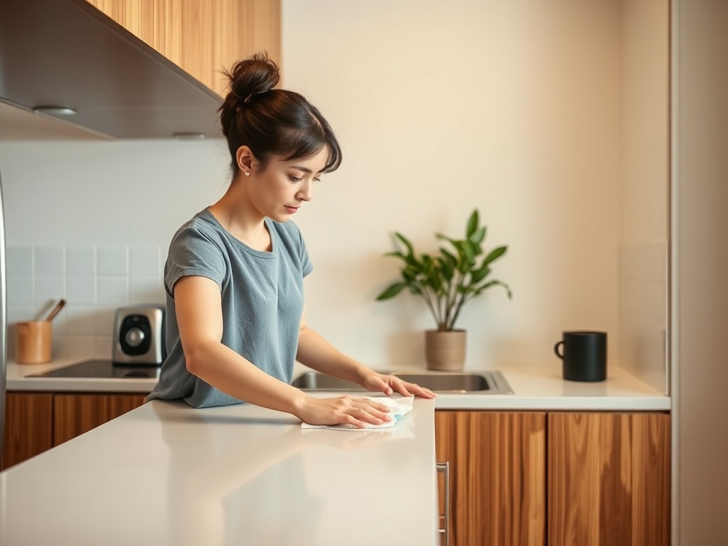 person doing quick small cleaning task, wiping counter, simple everyday action, realistic apartment