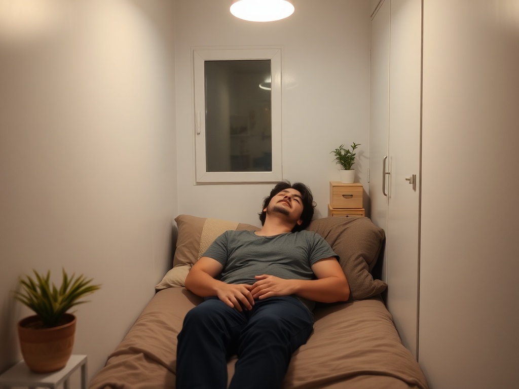 person relaxing in tidy small apartment, cozy lighting, calm atmosphere, minimal but lived-in space