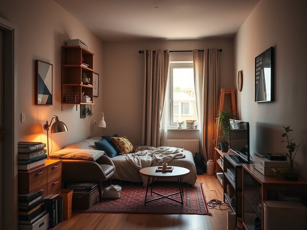 small imperfect but clean apartment, slight clutter but organized, warm lighting, realistic rental