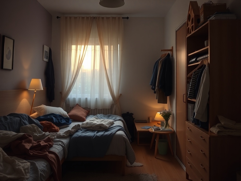 small slightly messy apartment being tidied, soft evening light, clothes being folded, cozy lived-in space