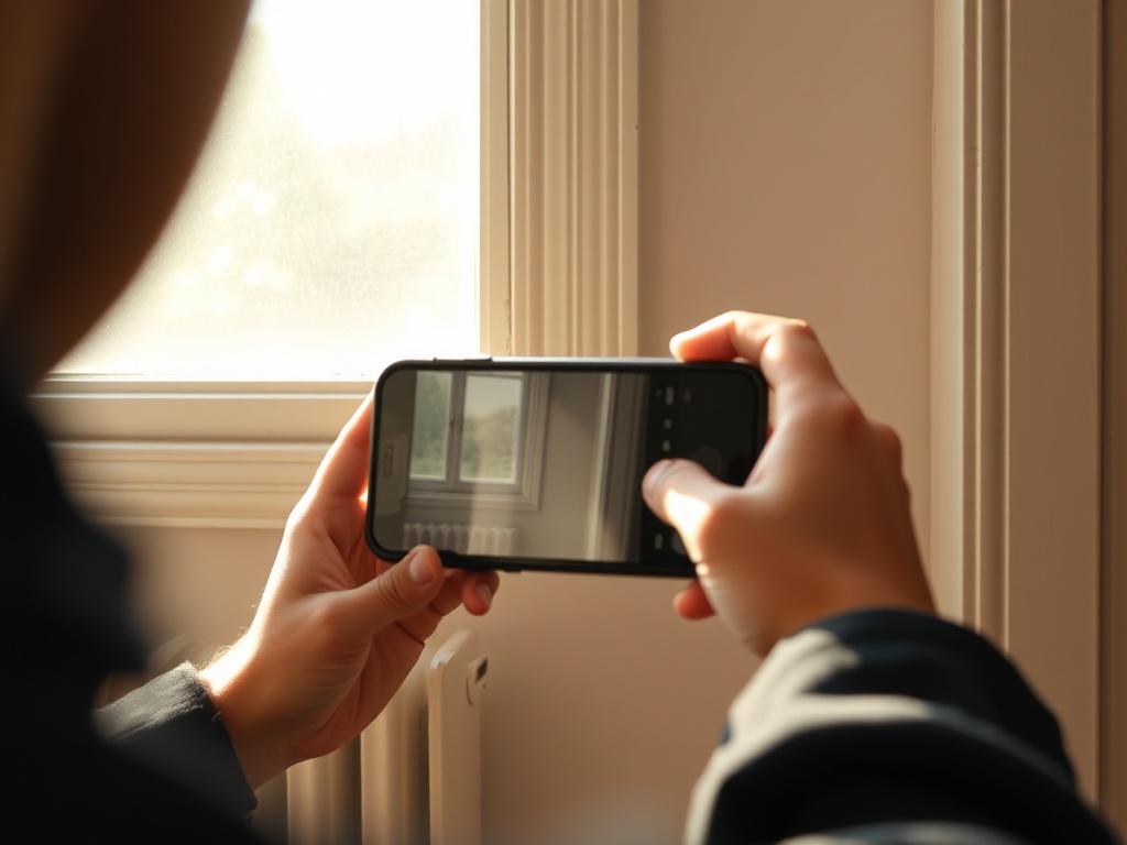 close-up of a first apartment renter photographing a scuffed baseboard with their phone, sunlight streaming through a window