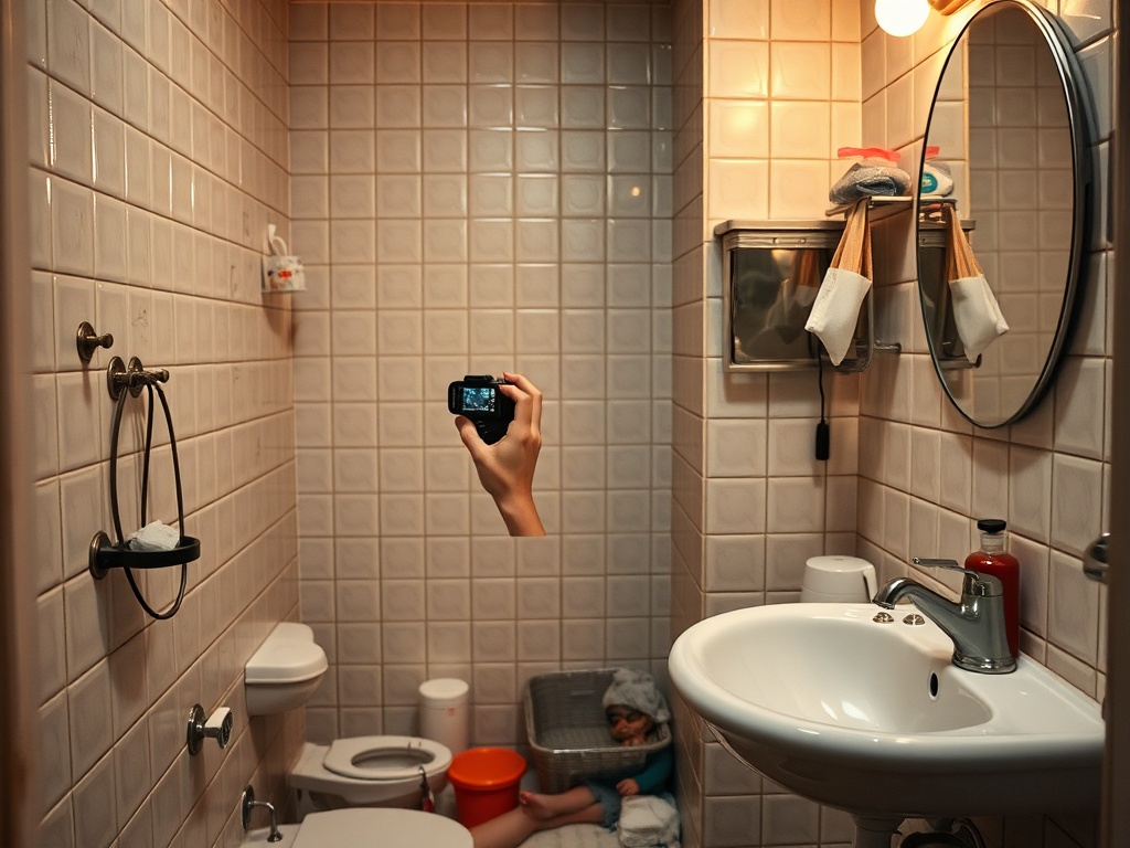 renter photographing bathroom tiles and sink fixtures, messy personal items in background, realistic lighting