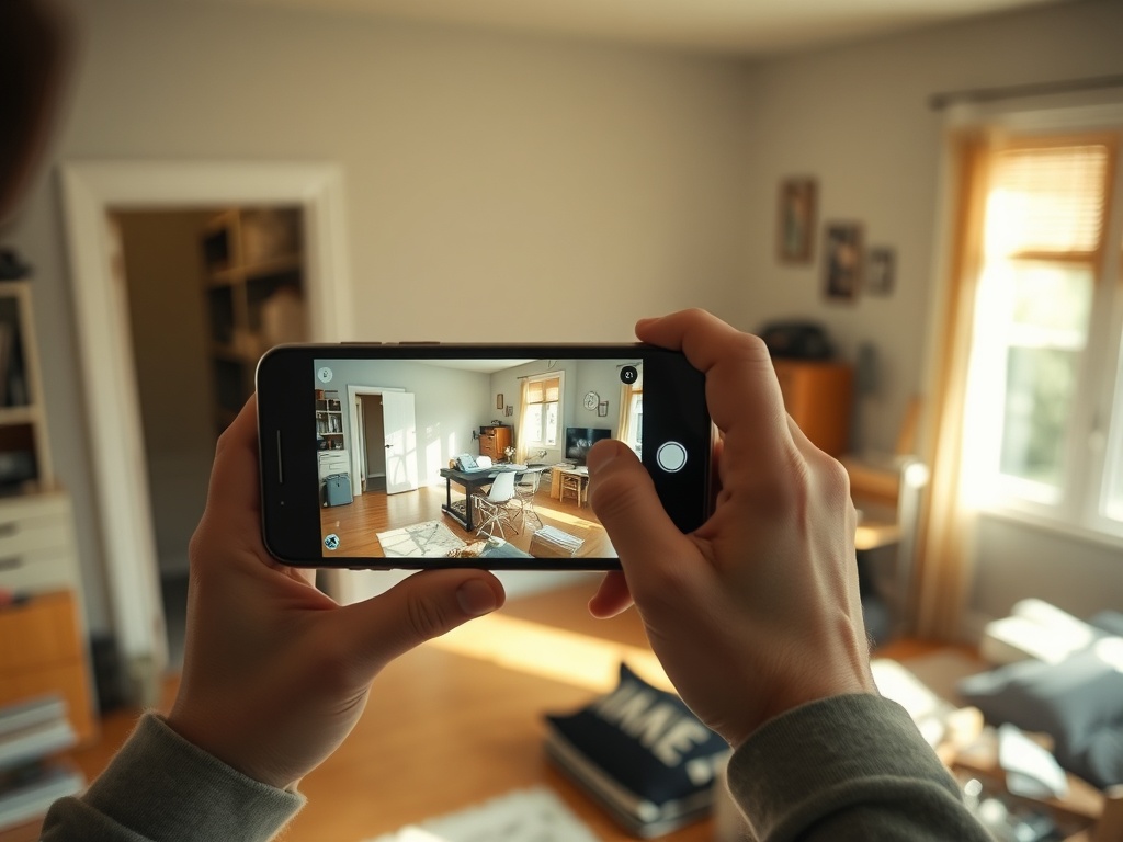 renter using smartphone to scan apartment corners, natural sunlight illuminating wooden floors, realistic messy apartment vibe