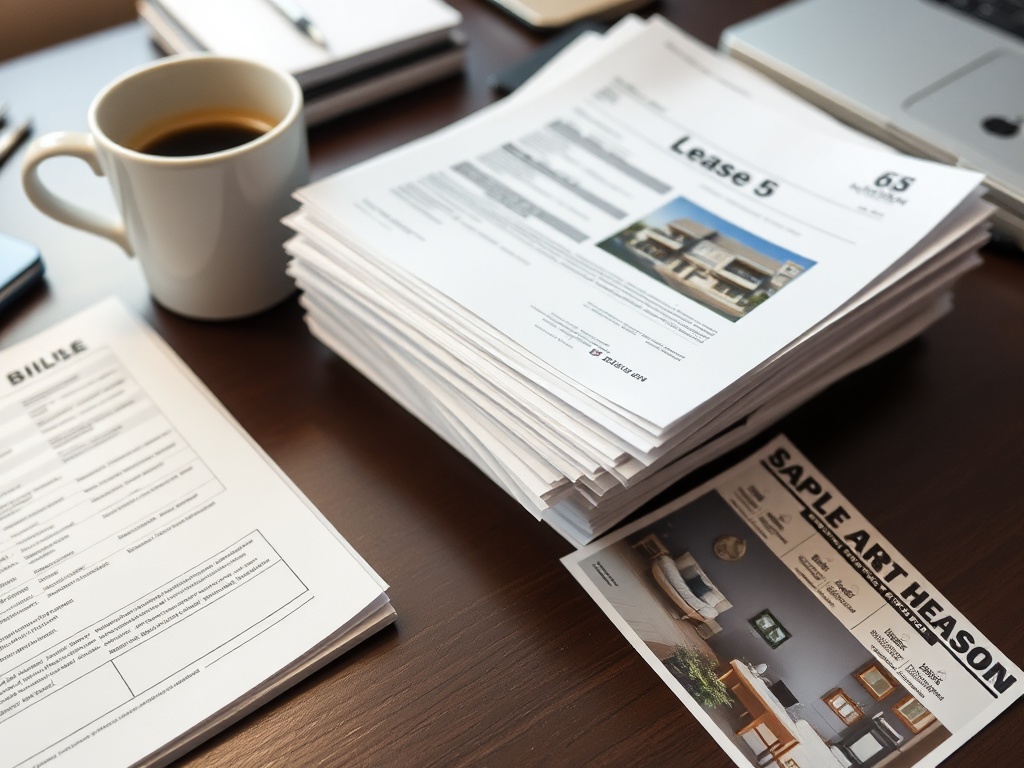 stack of lease papers, utility bills, and apartment photos neatly organized on a desk with a coffee cup
