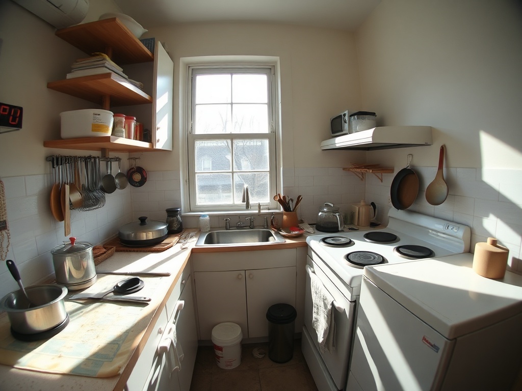 wide-angle photo of a tiny kitchen in a first apartment, utensils scattered, sunlight casting shadows