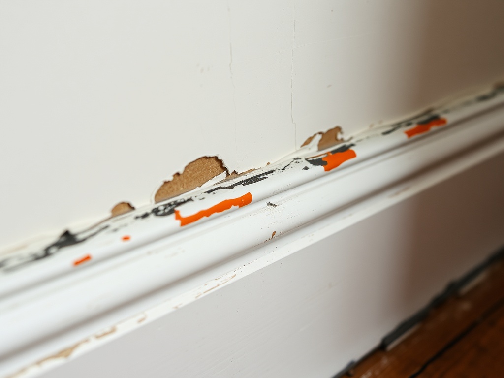 close-up of chipped paint on wall, scuffed baseboard, worn apartment details, realistic imperfections