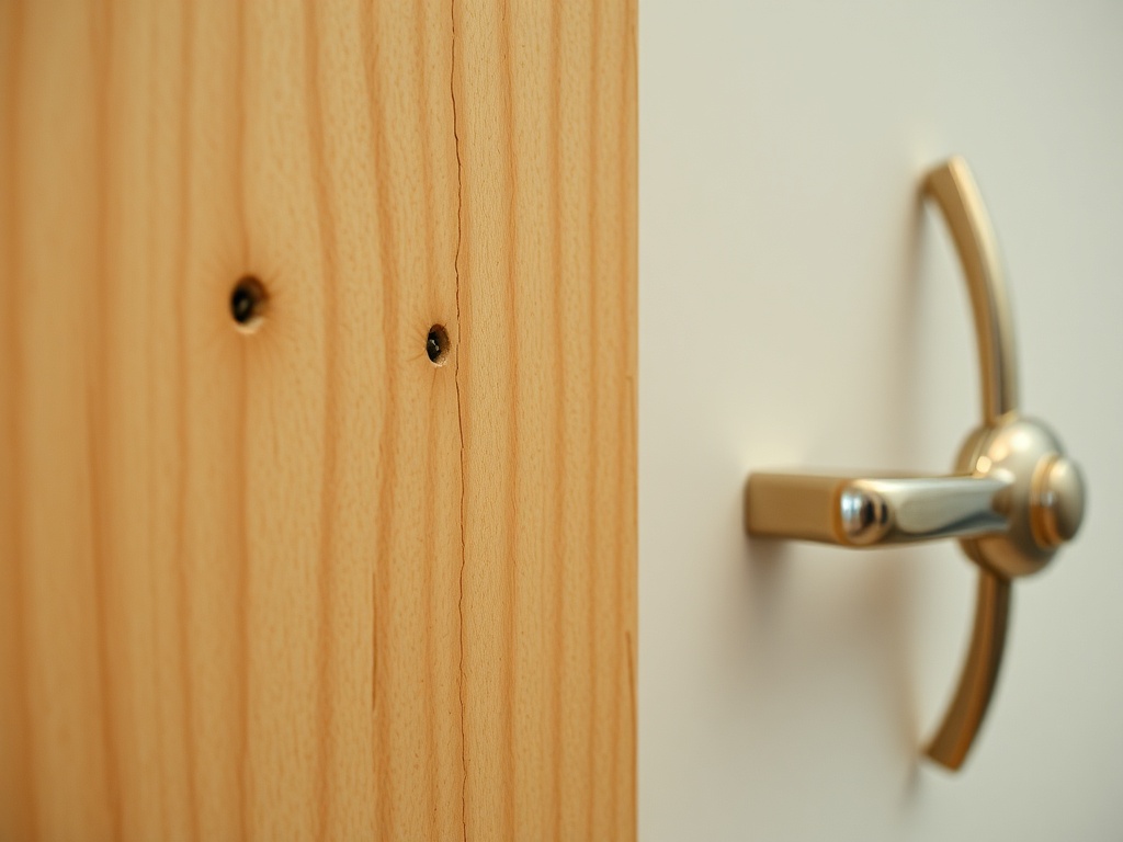 close-up of small nail holes in wall and loose cabinet handle, realistic apartment wear