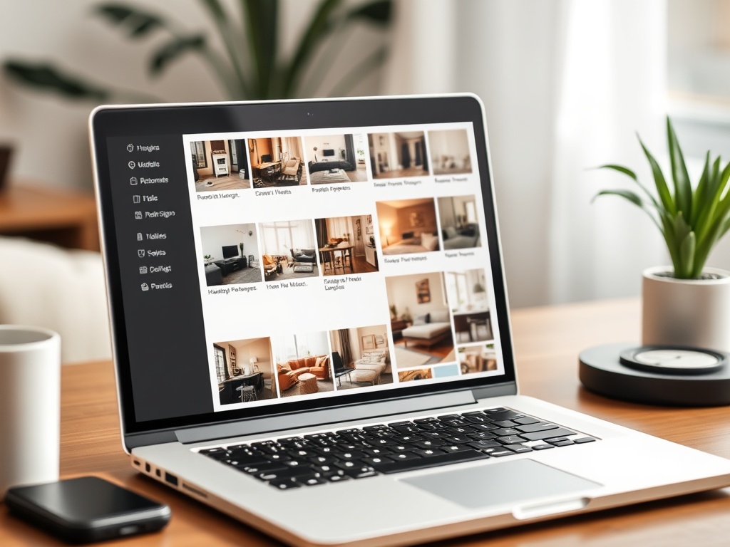 organized digital folders on laptop screen labeled apartment photos, cozy home environment