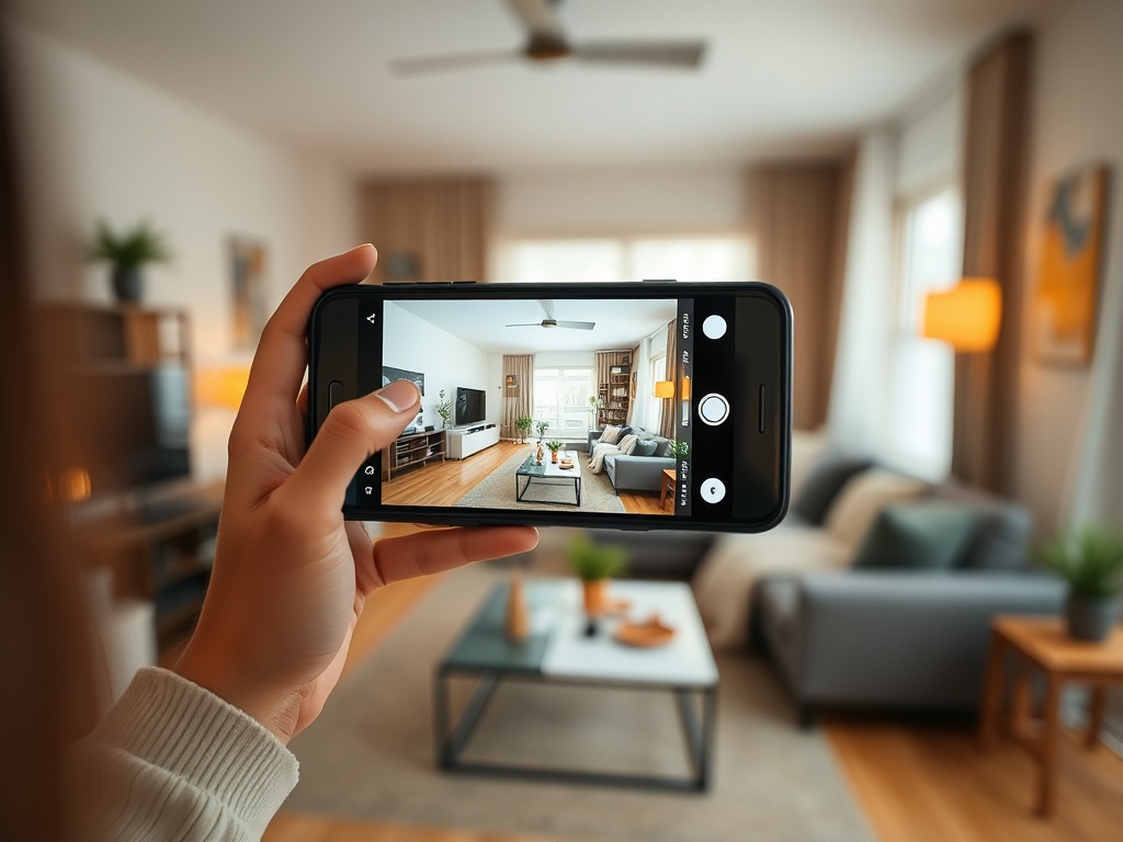 person confidently reviewing photos on phone, calm organized apartment setting