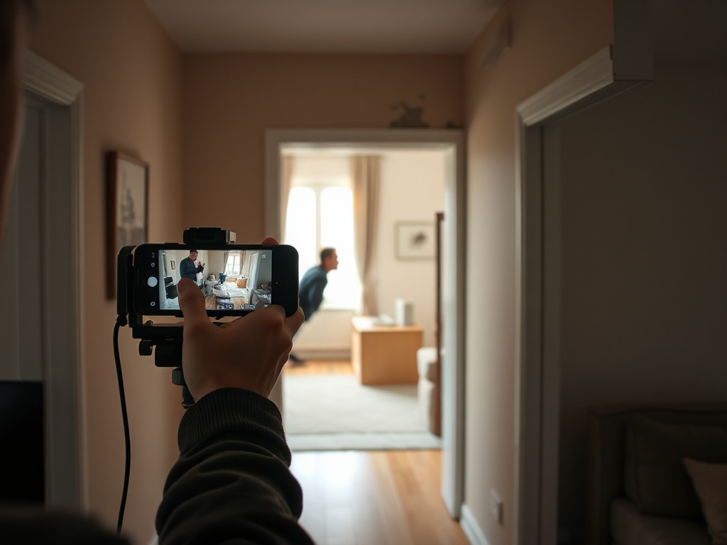 person filming apartment walkthrough with phone, pointing at wall damage, casual realistic environment