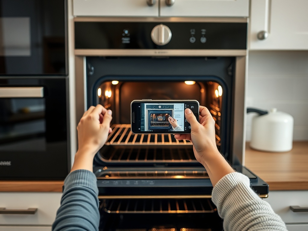 person opening oven and taking photo, documenting inside appliances, realistic kitchen scene