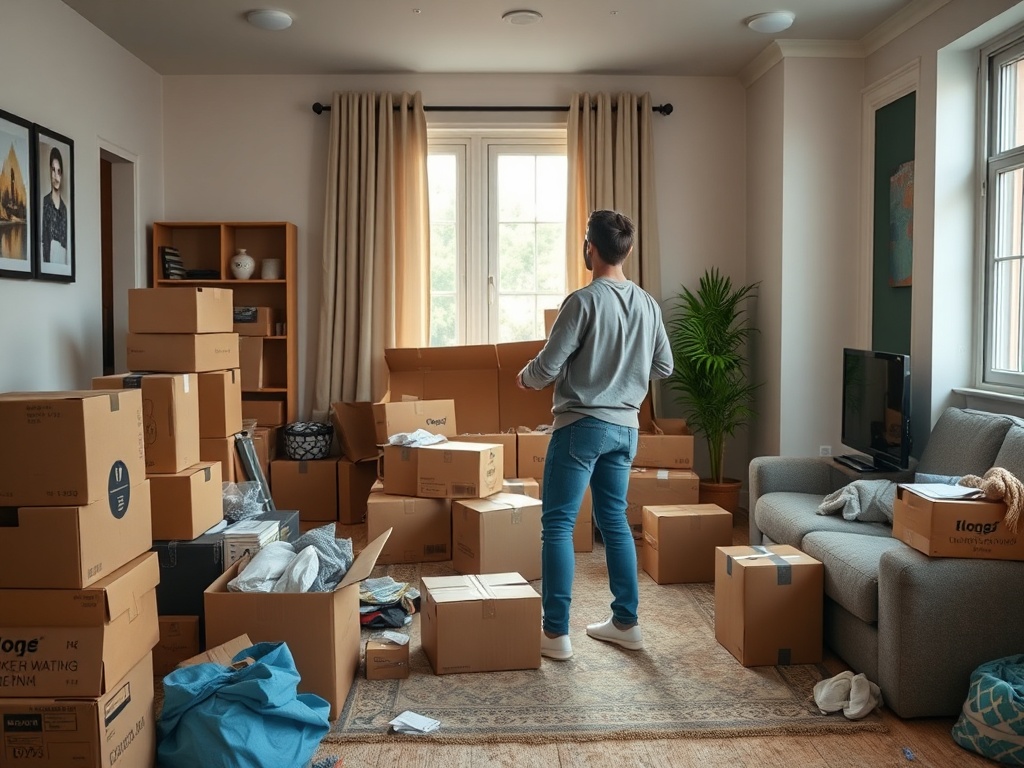 person taking quick photos in partially unpacked apartment, boxes around, realistic moving chaos